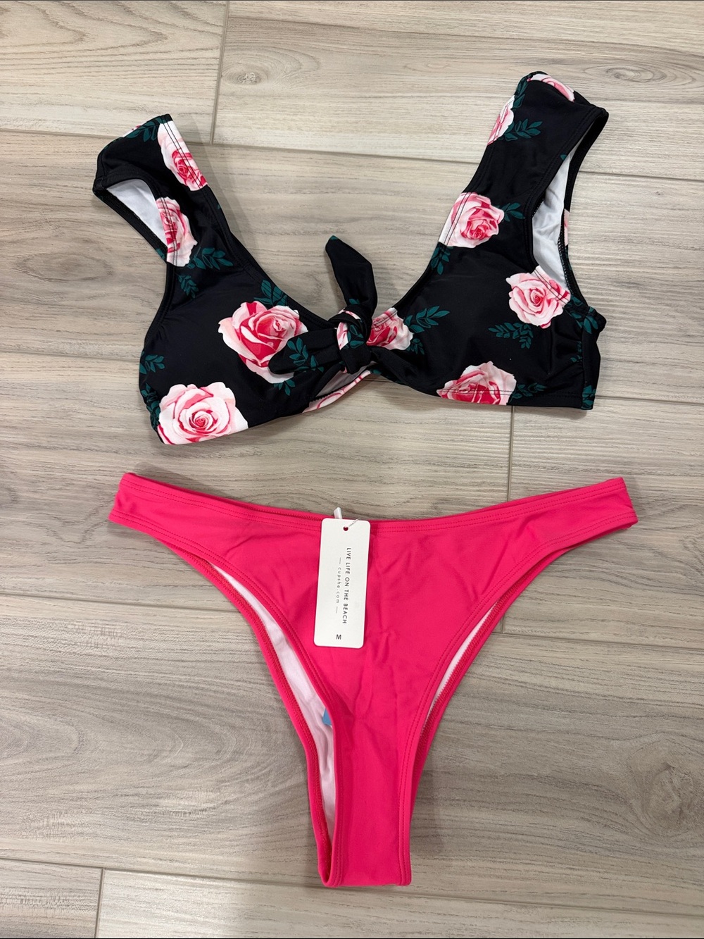 Cupshe Black Floral Knot Bikini Top with Bright Pink Bottoms